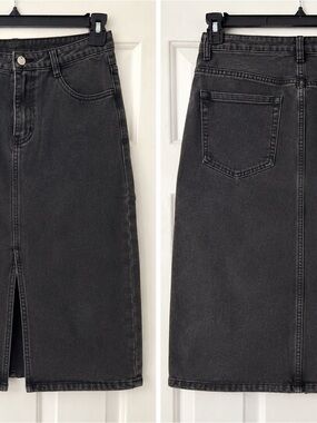 Hayden Charcoal Black Denim Midi Skirt with Front Slit